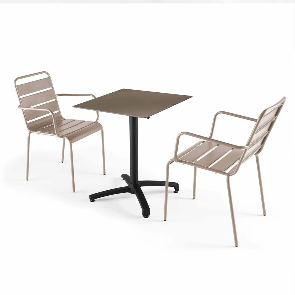 Ensemble table 60cm taupe et 2 fauteuils en métal taupe oviala